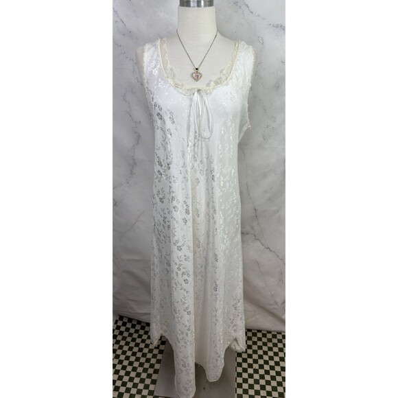 Vtg 80s Nightgown Dress White Satin Floral Lace Bridal Prairie Cottagecore SZ L - Picture 8 of 16